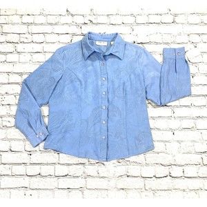Lemon Grass Women’s Size L Soft FAUX Suede Blue Paisley  Button-Up Shirt